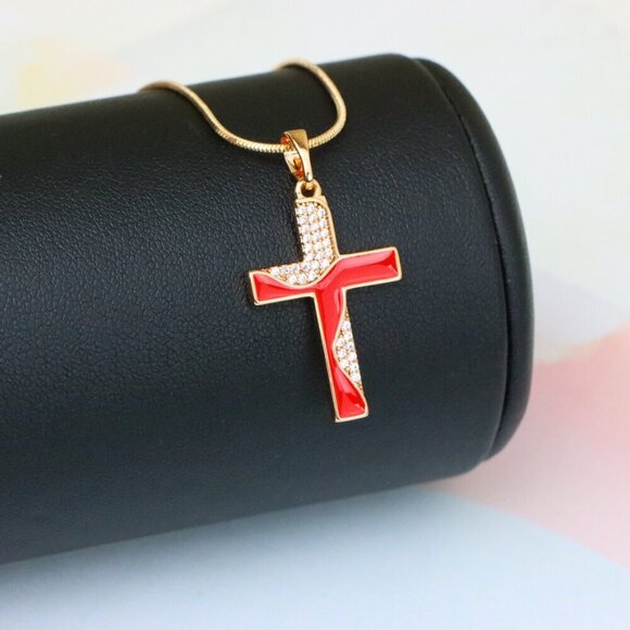"Rose Gold Cross Pendant with Red Enamel and CZ Stone Detailing, XPPT1399 - Picture 5 of 13